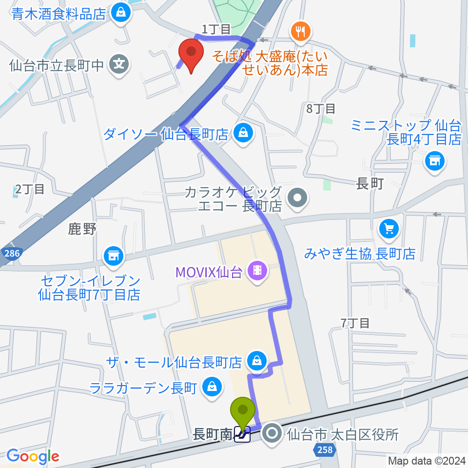 ピアノ教室 ポコアポコの最寄駅長町南駅からの徒歩ルート（約12分）地図