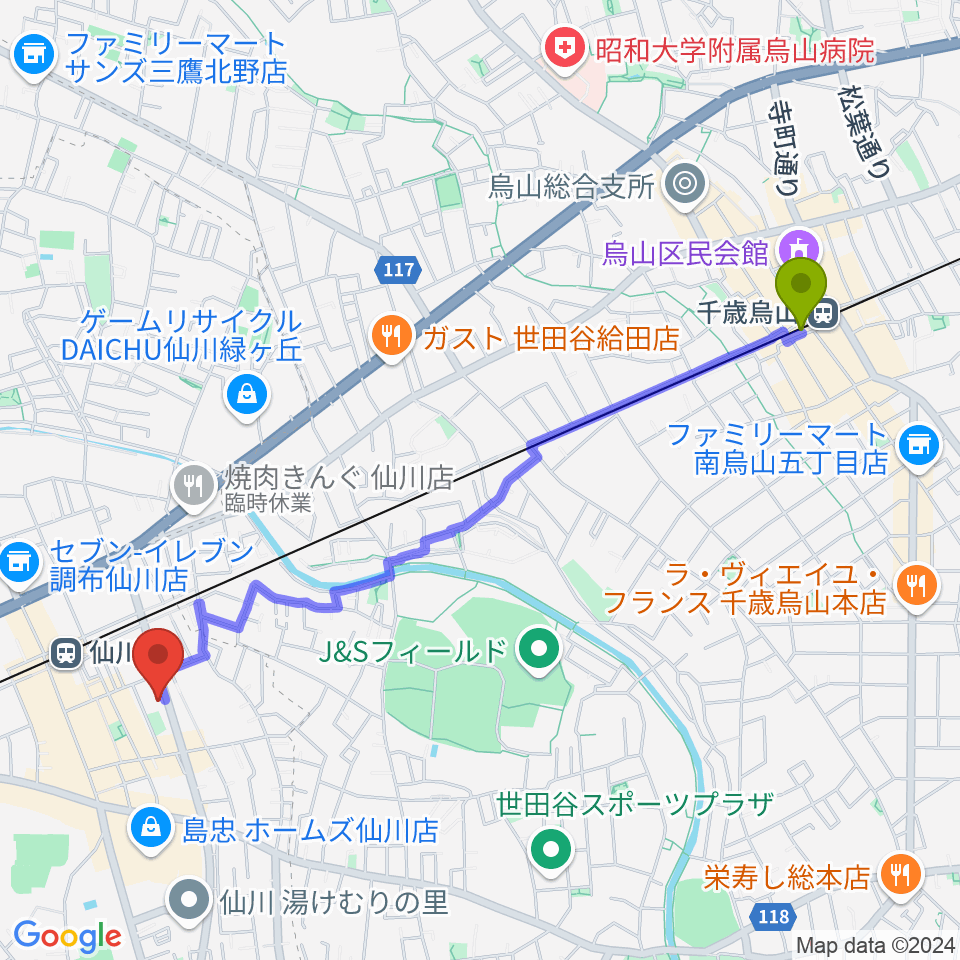 千歳烏山駅から調布市せんがわ劇場へのルートマップ地図