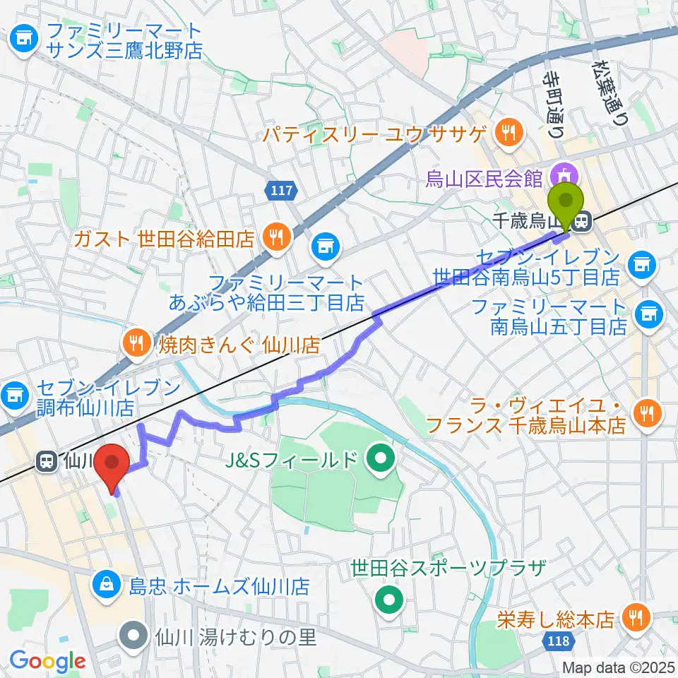 千歳烏山駅から調布市せんがわ劇場へのルートマップ地図