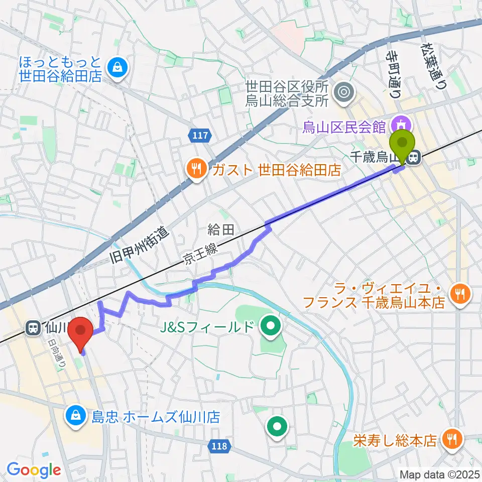 千歳烏山駅から調布市せんがわ劇場へのルートマップ地図