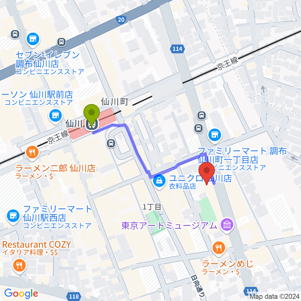 調布市せんがわ劇場の最寄駅仙川駅からの徒歩ルート（約3分）地図