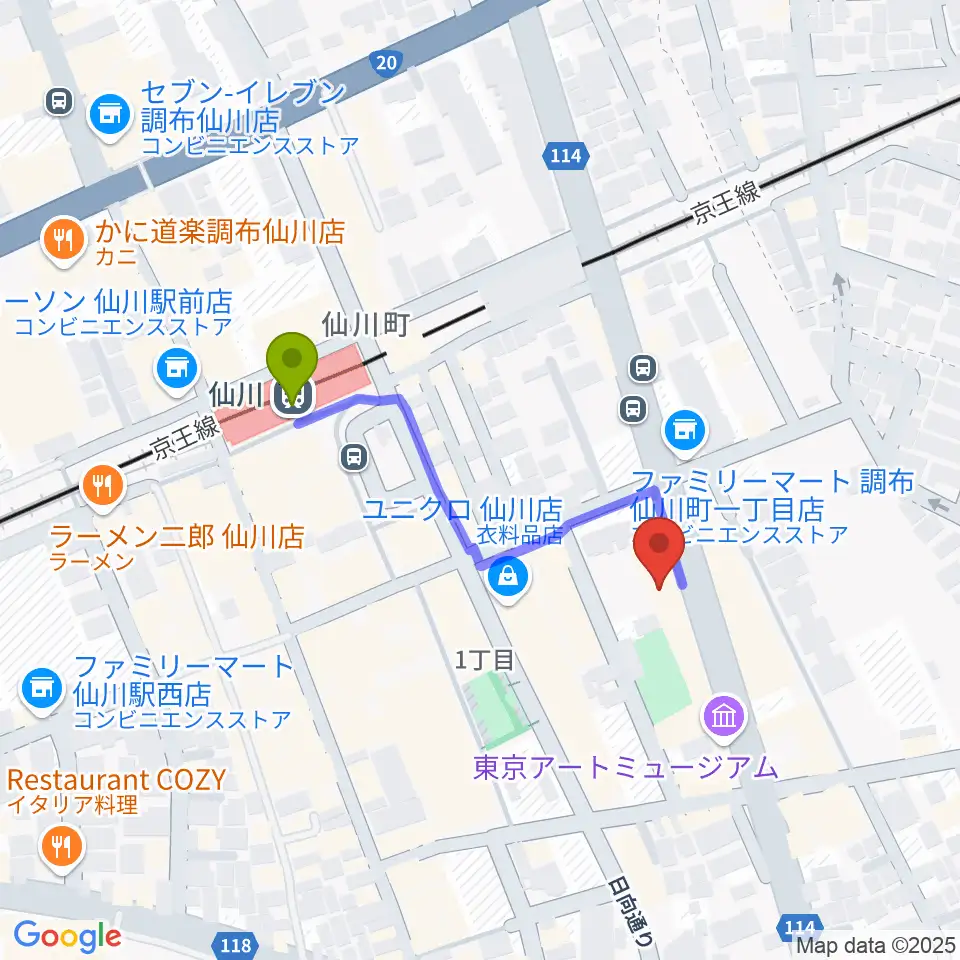 調布市せんがわ劇場の最寄駅仙川駅からの徒歩ルート（約3分）地図