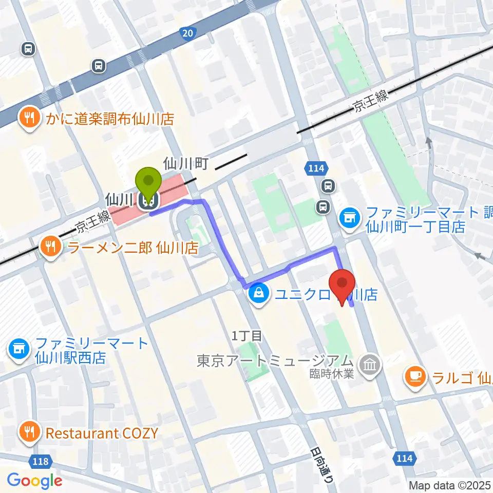 調布市せんがわ劇場の最寄駅仙川駅からの徒歩ルート（約3分）地図