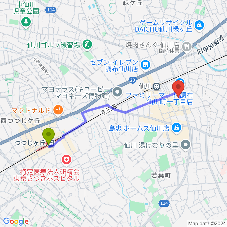 つつじヶ丘駅から調布市せんがわ劇場へのルートマップ地図