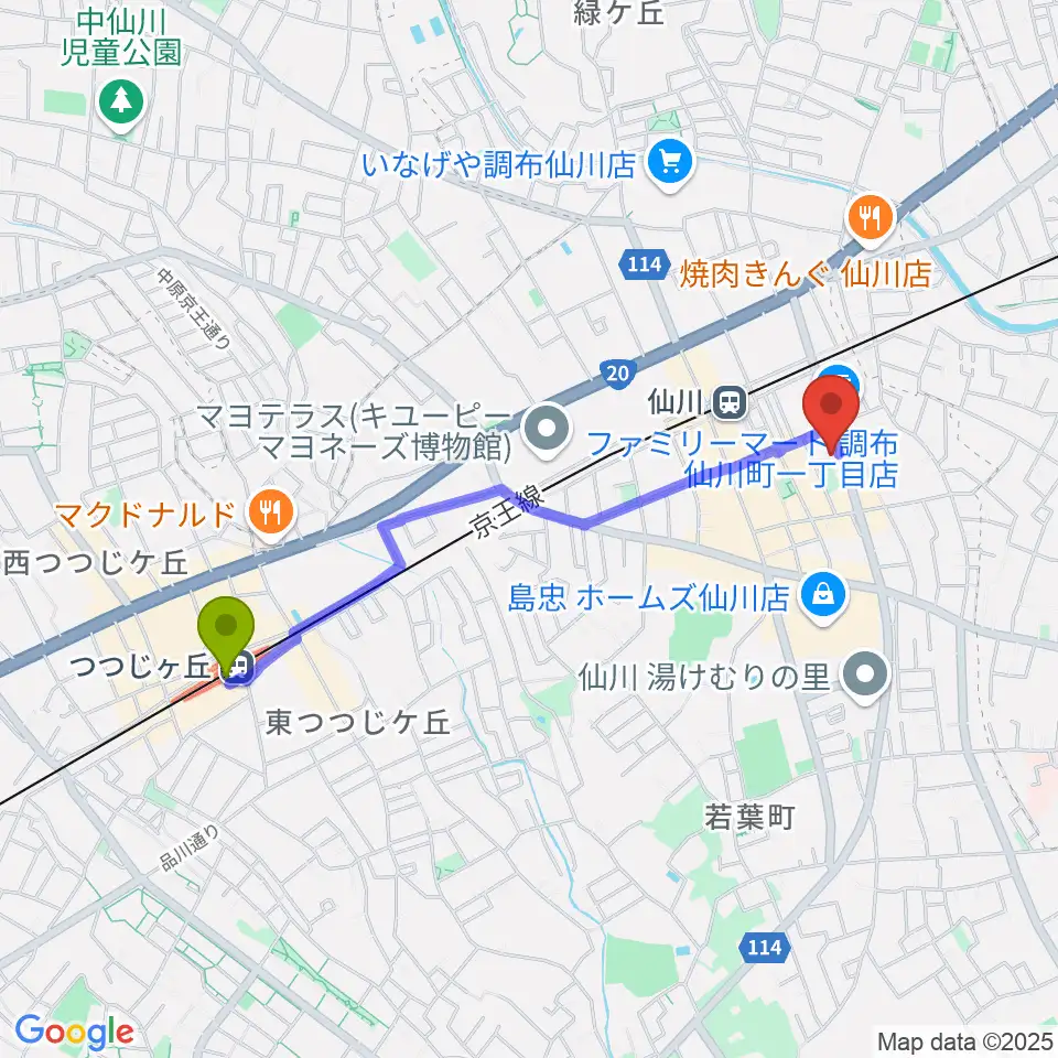 つつじヶ丘駅から調布市せんがわ劇場へのルートマップ地図