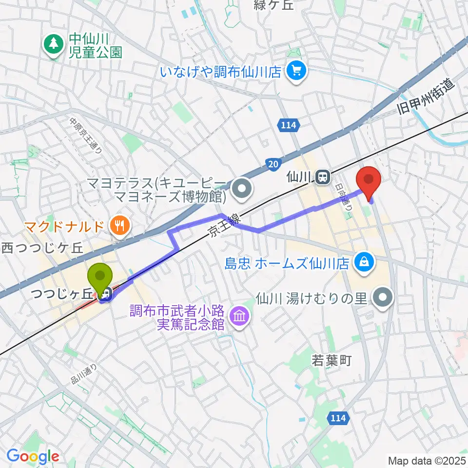 つつじヶ丘駅から調布市せんがわ劇場へのルートマップ地図