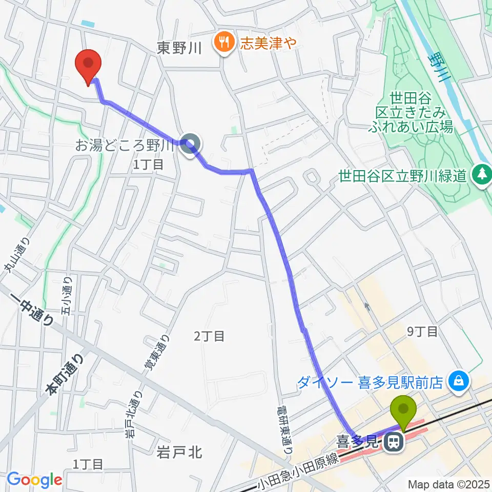 シアターグスタフの最寄駅喜多見駅からの徒歩ルート（約15分）地図