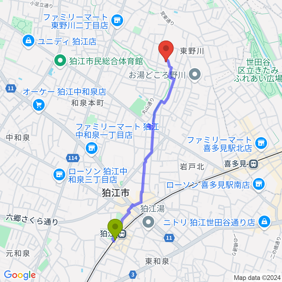 狛江駅からシアターグスタフへのルートマップ地図