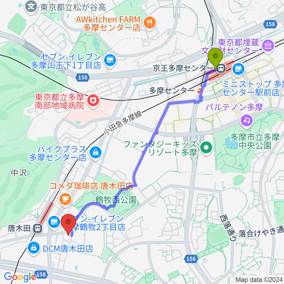 京王多摩センター駅からからきだ菖蒲館へのルートマップ地図