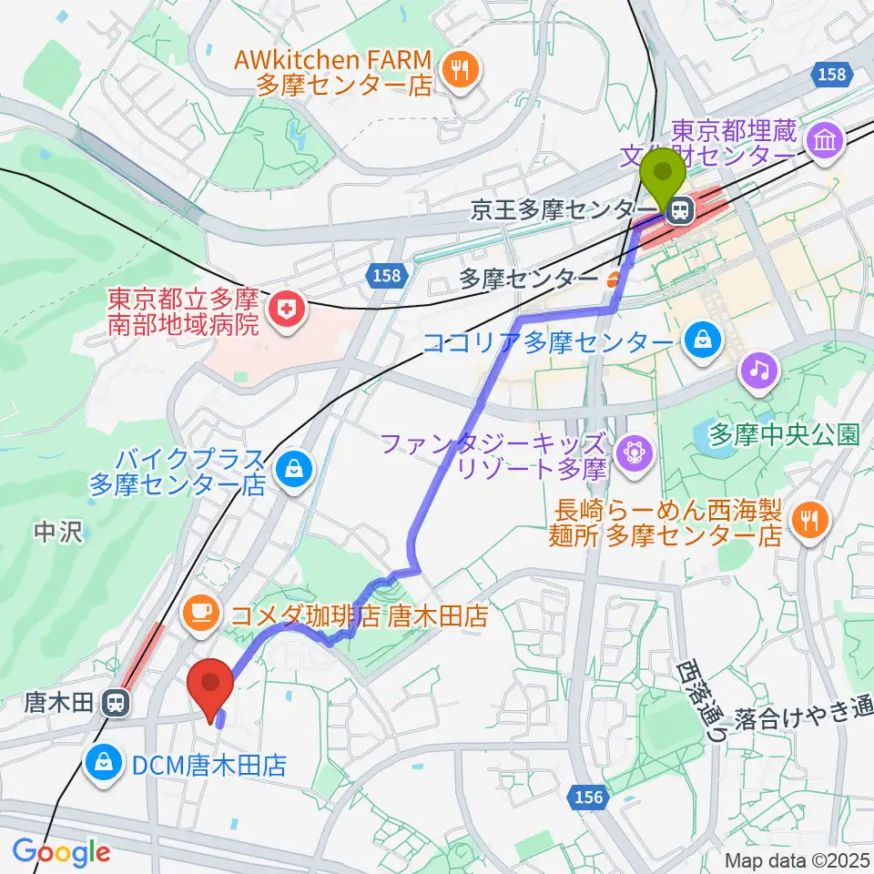 京王多摩センター駅からからきだ菖蒲館へのルートマップ地図
