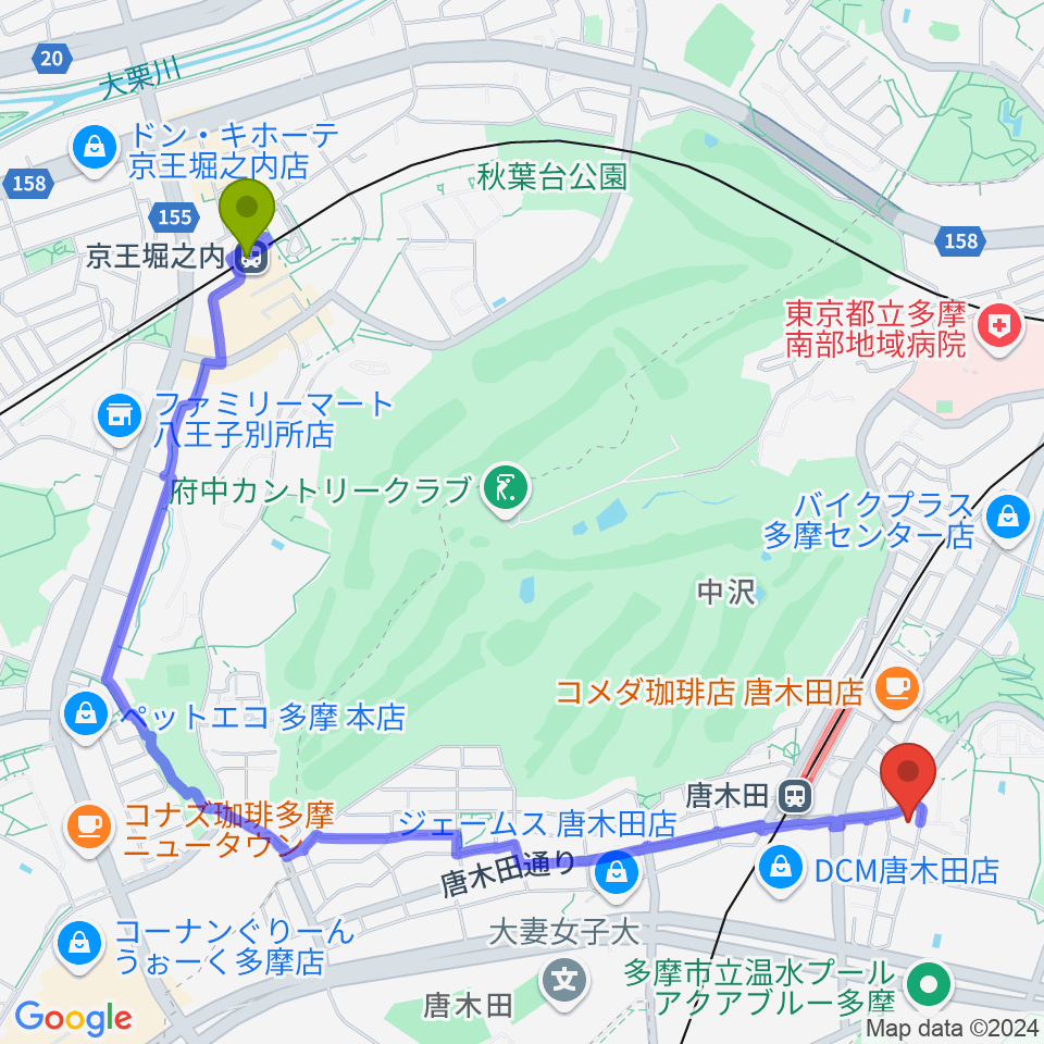 京王堀之内駅からからきだ菖蒲館へのルートマップ地図