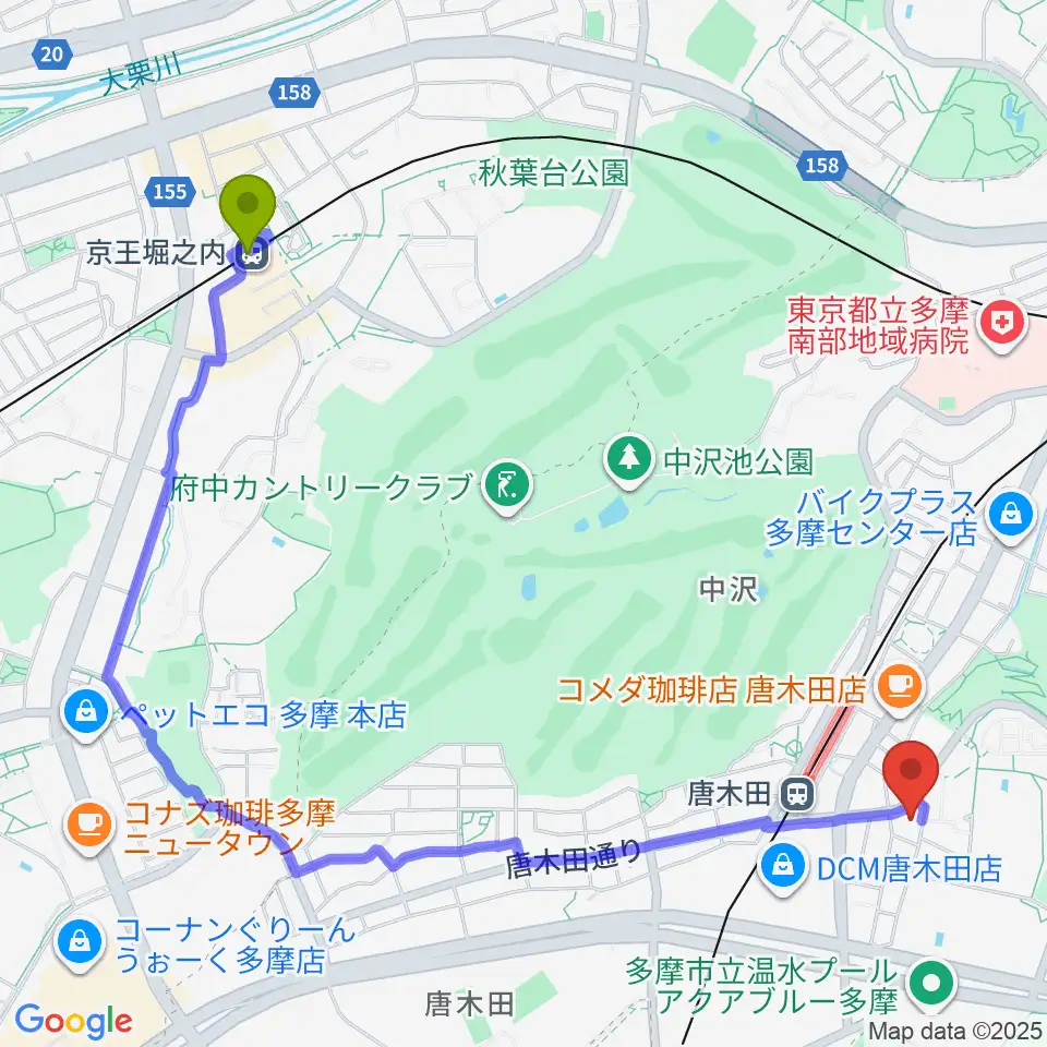 京王堀之内駅からからきだ菖蒲館へのルートマップ地図