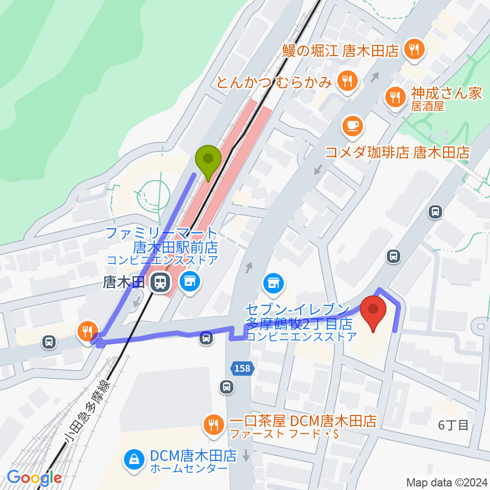 からきだ菖蒲館の最寄駅唐木田駅からの徒歩ルート（約4分）地図