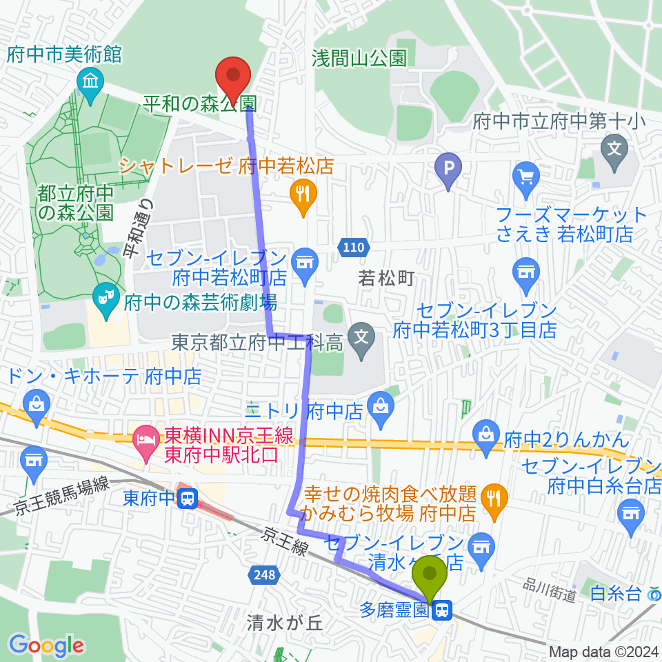 多磨霊園駅から府中市生涯学習センターへのルートマップ地図