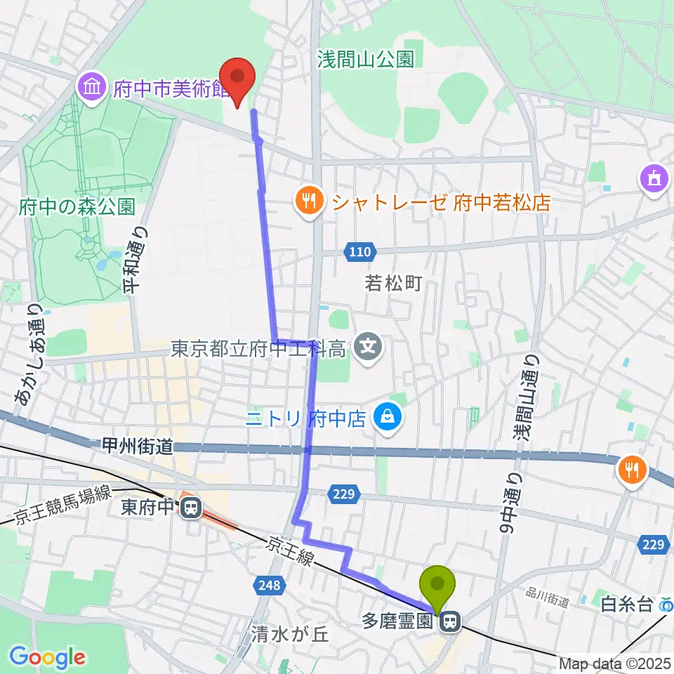多磨霊園駅から府中市生涯学習センターへのルートマップ地図