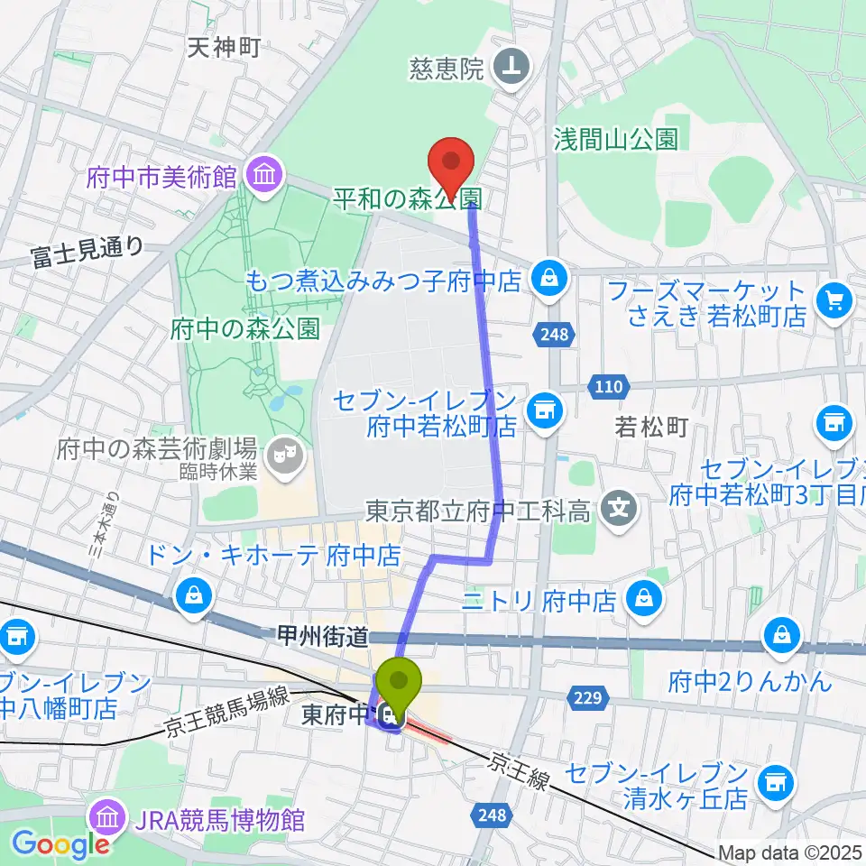 府中市生涯学習センターの最寄駅東府中駅からの徒歩ルート（約19分）地図