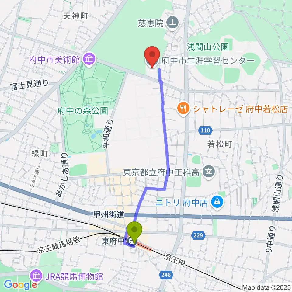 府中市生涯学習センターの最寄駅東府中駅からの徒歩ルート（約19分）地図