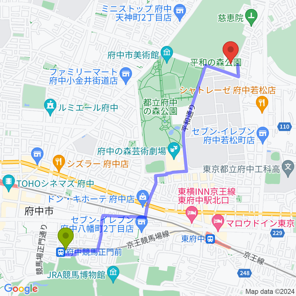 府中競馬正門前駅から府中市生涯学習センターへのルートマップ地図