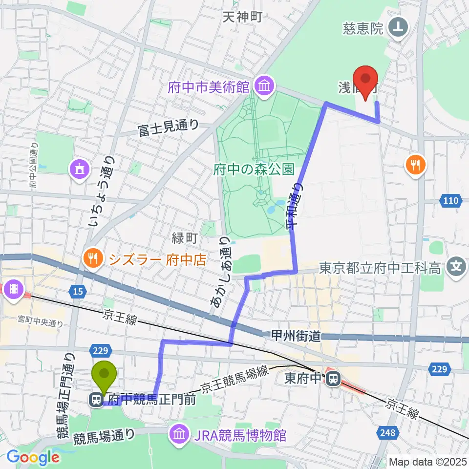 府中競馬正門前駅から府中市生涯学習センターへのルートマップ地図
