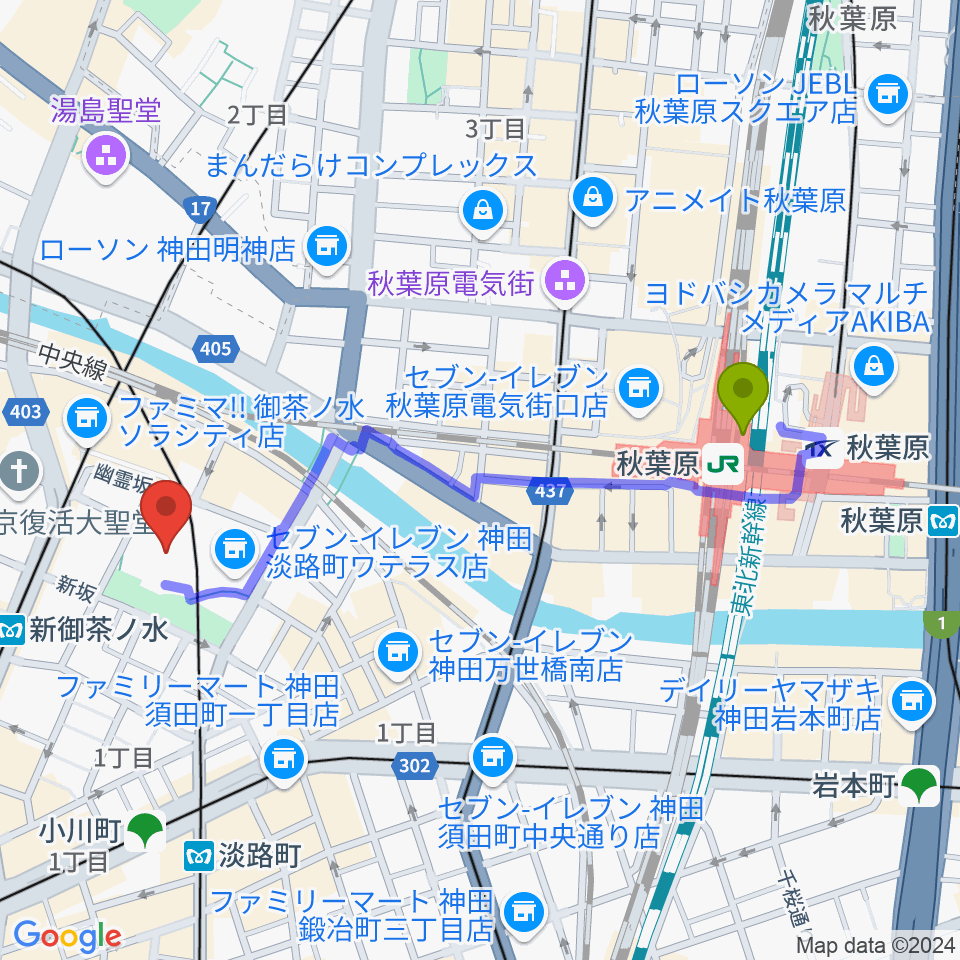 秋葉原駅からワテラスコモンホールへのルートマップ地図