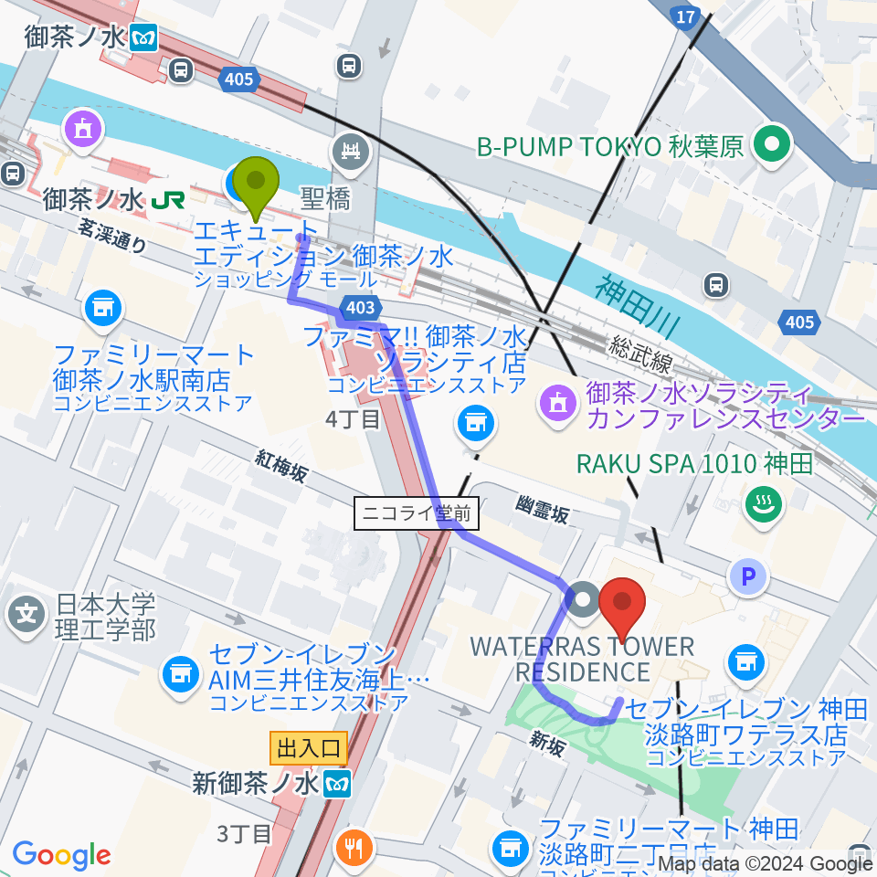 御茶ノ水駅からワテラスコモンホールへのルートマップ地図