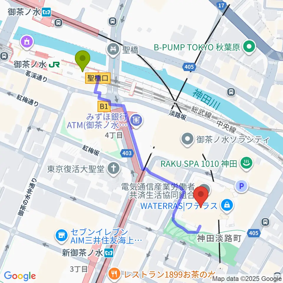 御茶ノ水駅からワテラスコモンホールへのルートマップ地図