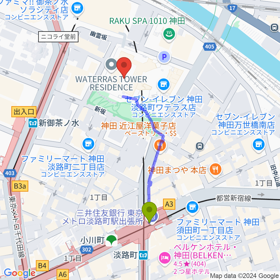 ワテラスコモンホールの最寄駅淡路町駅からの徒歩ルート（約4分）地図