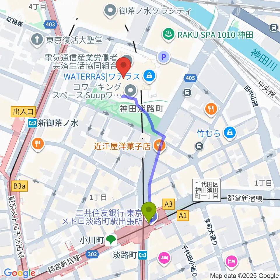 ワテラスコモンホールの最寄駅淡路町駅からの徒歩ルート（約4分）地図