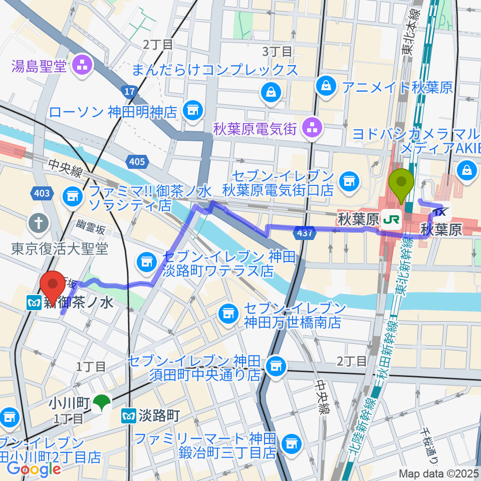 秋葉原駅から全電通労働会館へのルートマップ地図