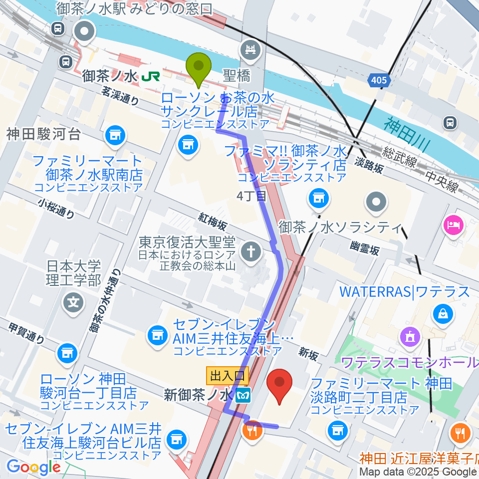 御茶ノ水駅から全電通労働会館へのルートマップ地図