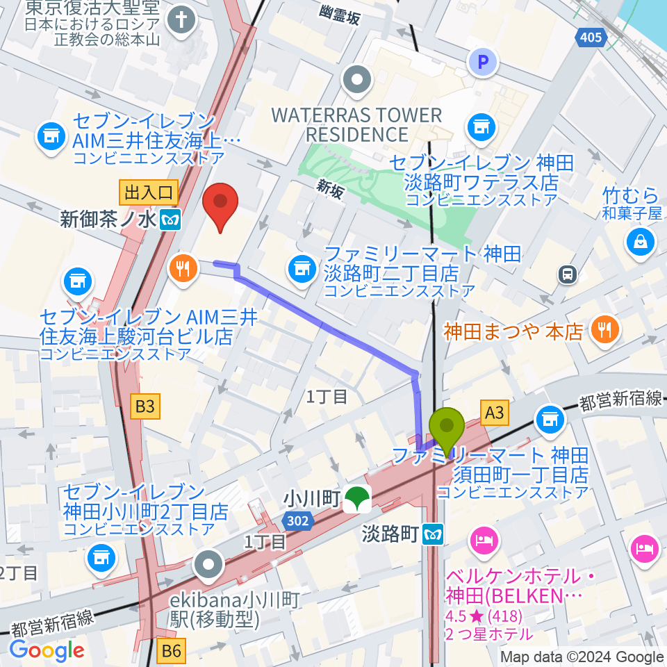 全電通労働会館の最寄駅淡路町駅からの徒歩ルート（約4分）地図