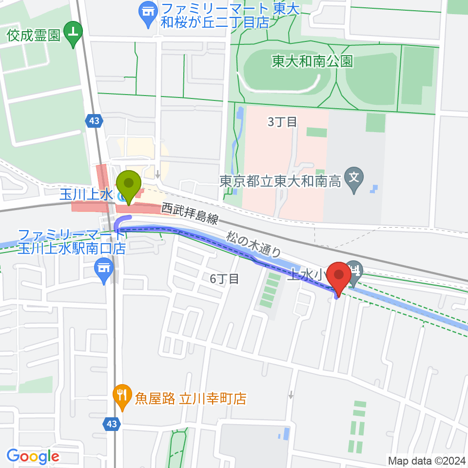 ロバハウスの最寄駅玉川上水駅からの徒歩ルート（約8分）地図