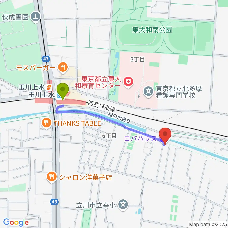 ロバハウスの最寄駅玉川上水駅からの徒歩ルート（約8分）地図