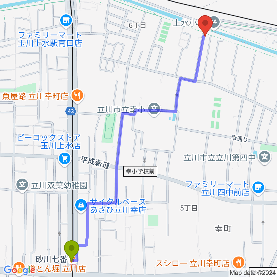 砂川七番駅からロバハウスへのルートマップ地図