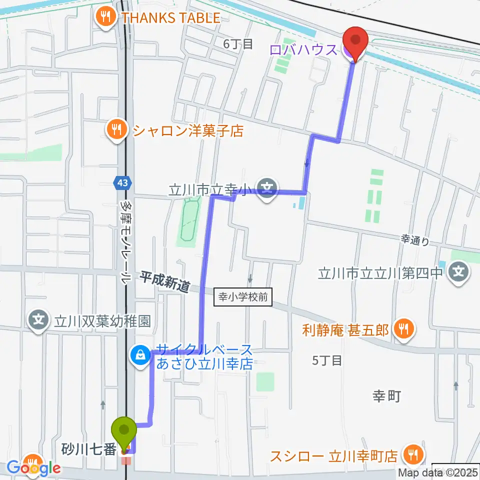 砂川七番駅からロバハウスへのルートマップ地図