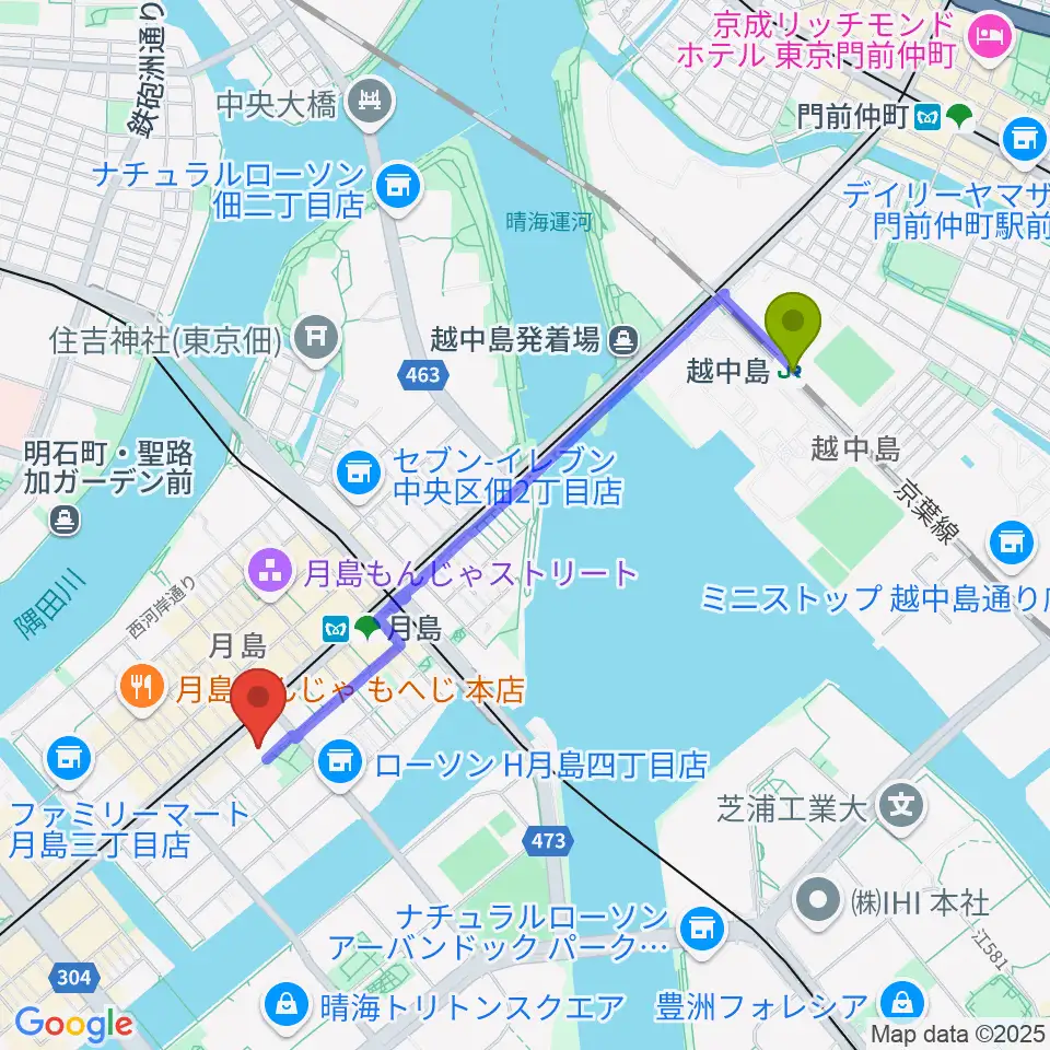 越中島駅から月島社会教育会館へのルートマップ地図