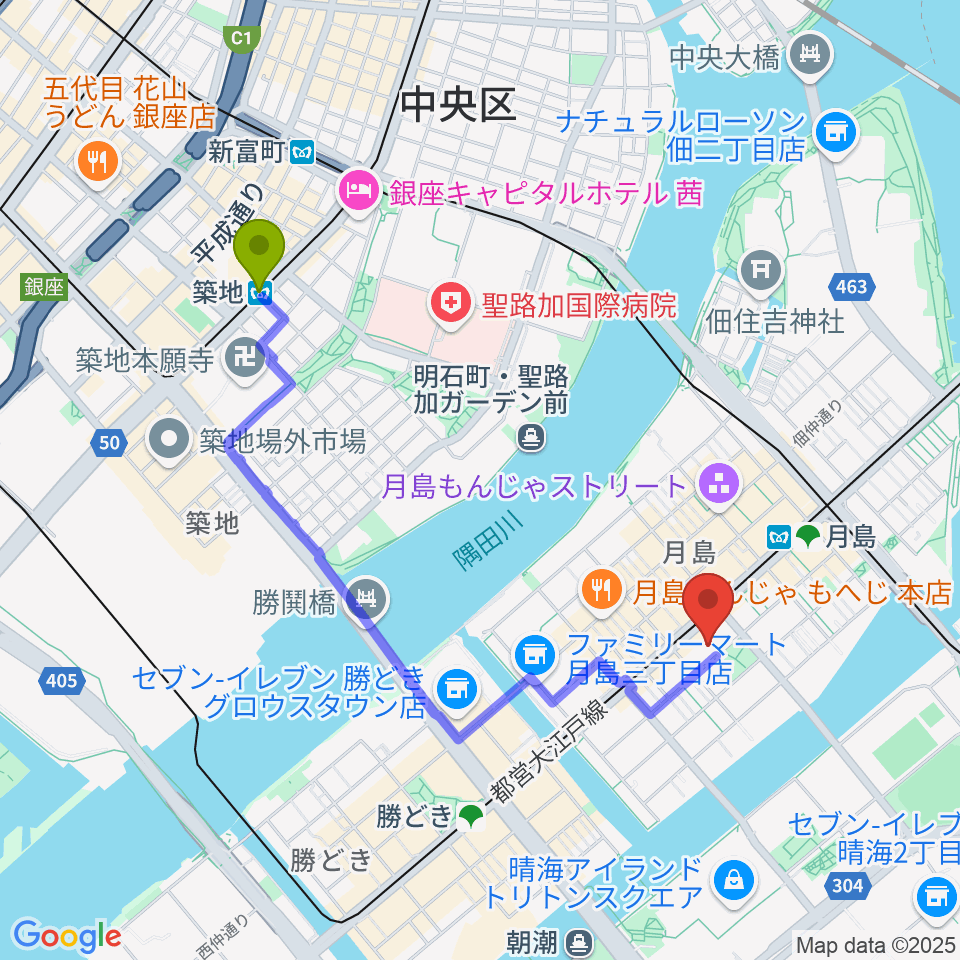 築地駅から月島社会教育会館へのルートマップ地図