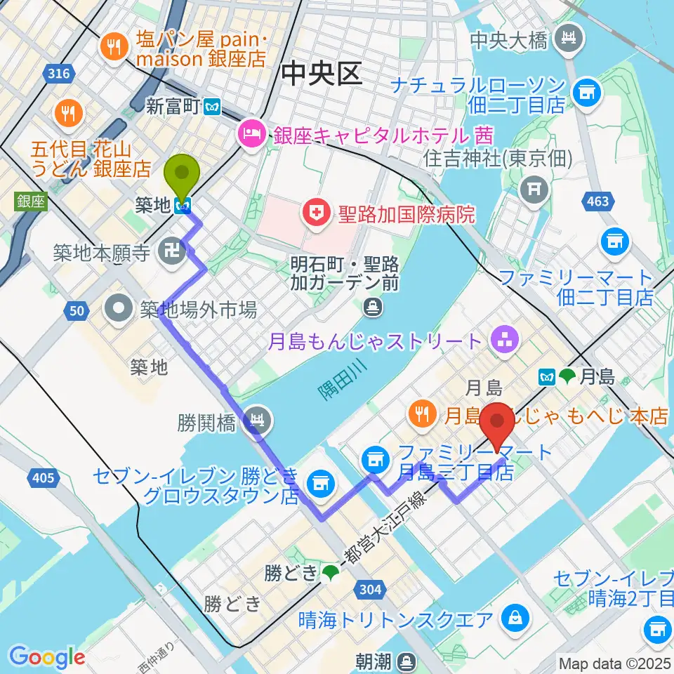 築地駅から月島社会教育会館へのルートマップ地図