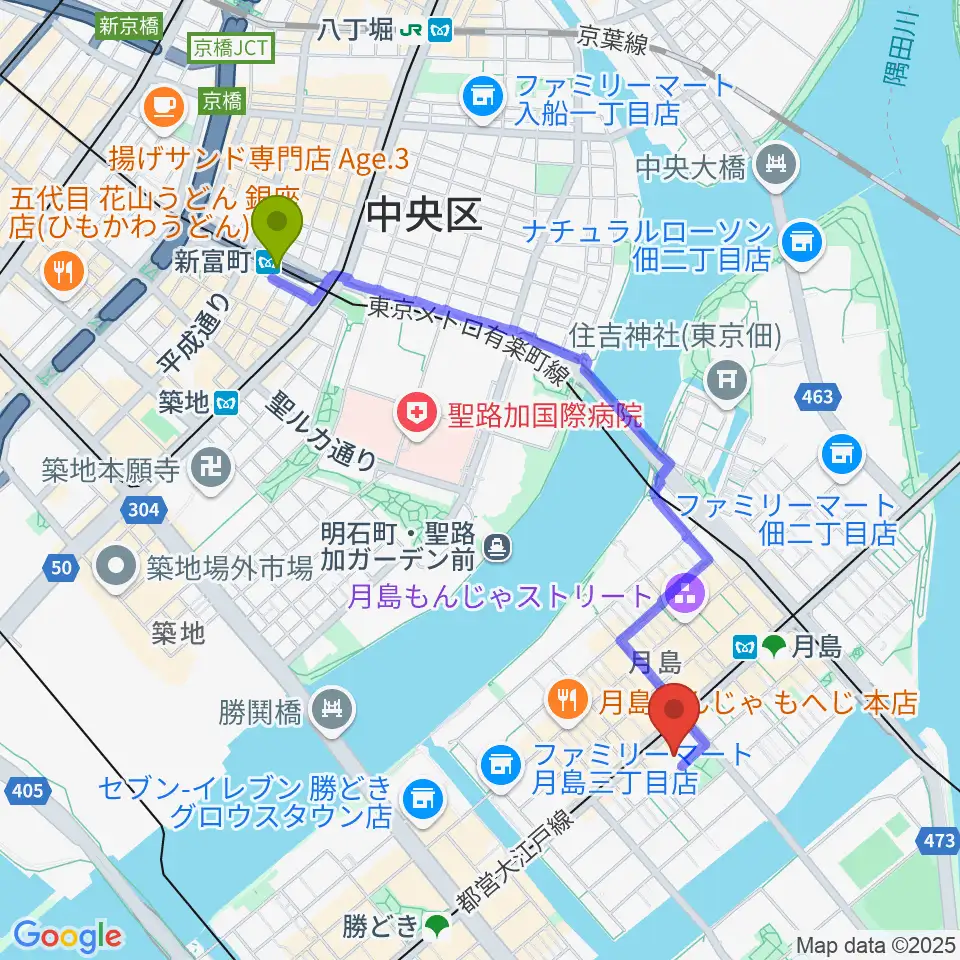 新富町駅から月島社会教育会館へのルートマップ地図