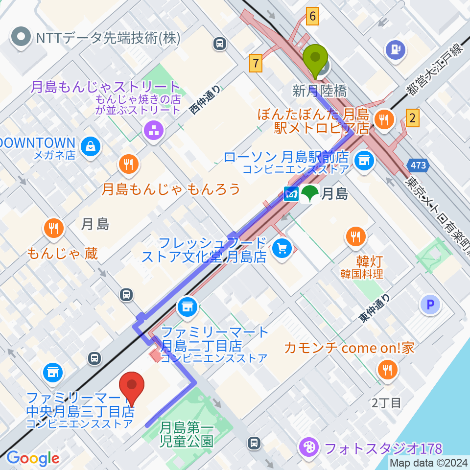 月島社会教育会館の最寄駅月島駅からの徒歩ルート（約6分）地図