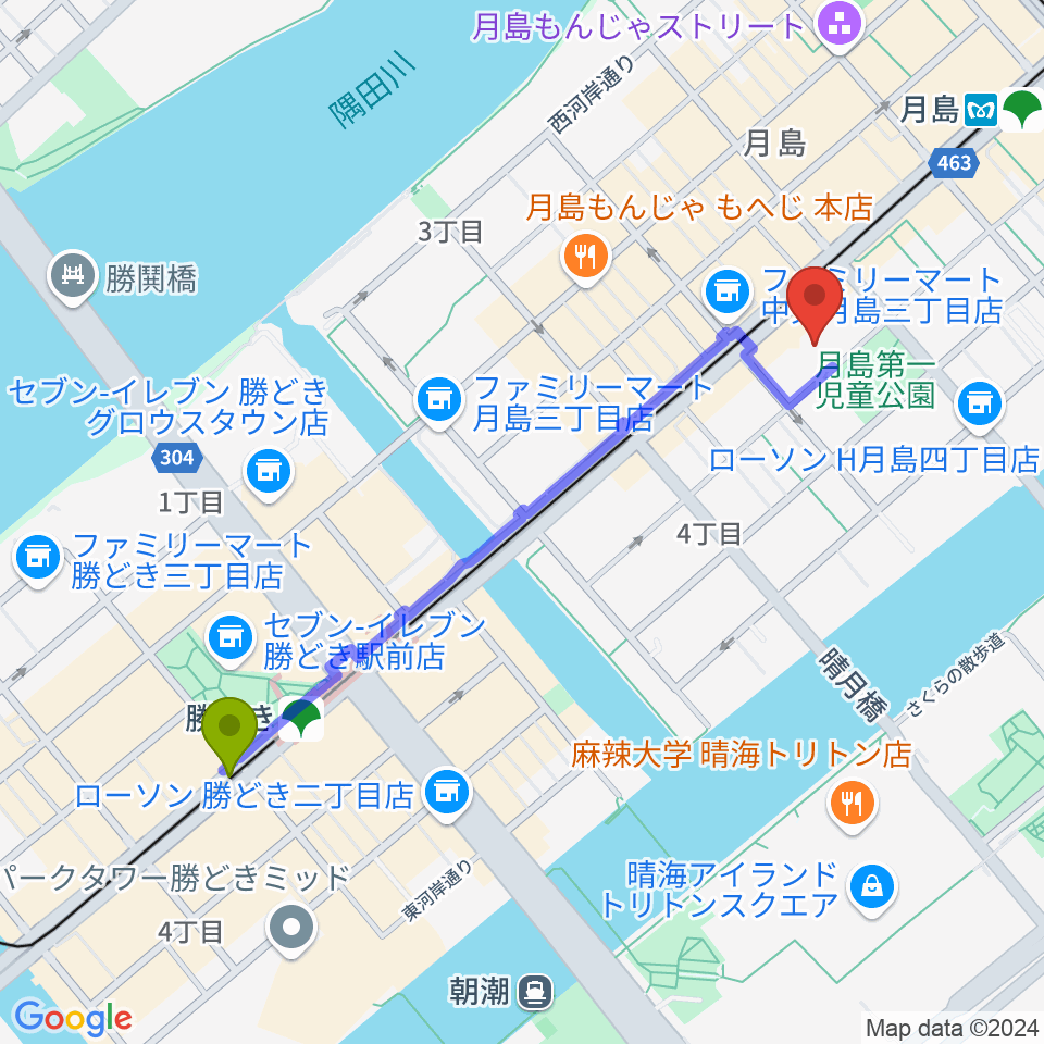 勝どき駅から月島社会教育会館へのルートマップ地図