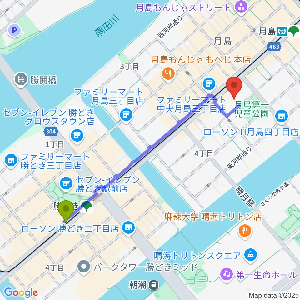 勝どき駅から月島社会教育会館へのルートマップ地図