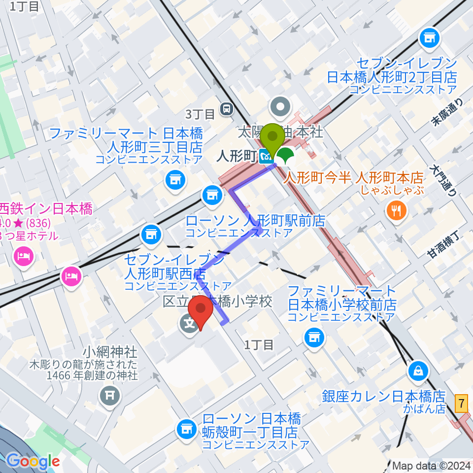 日本橋社会教育会館の最寄駅人形町駅からの徒歩ルート（約3分）地図