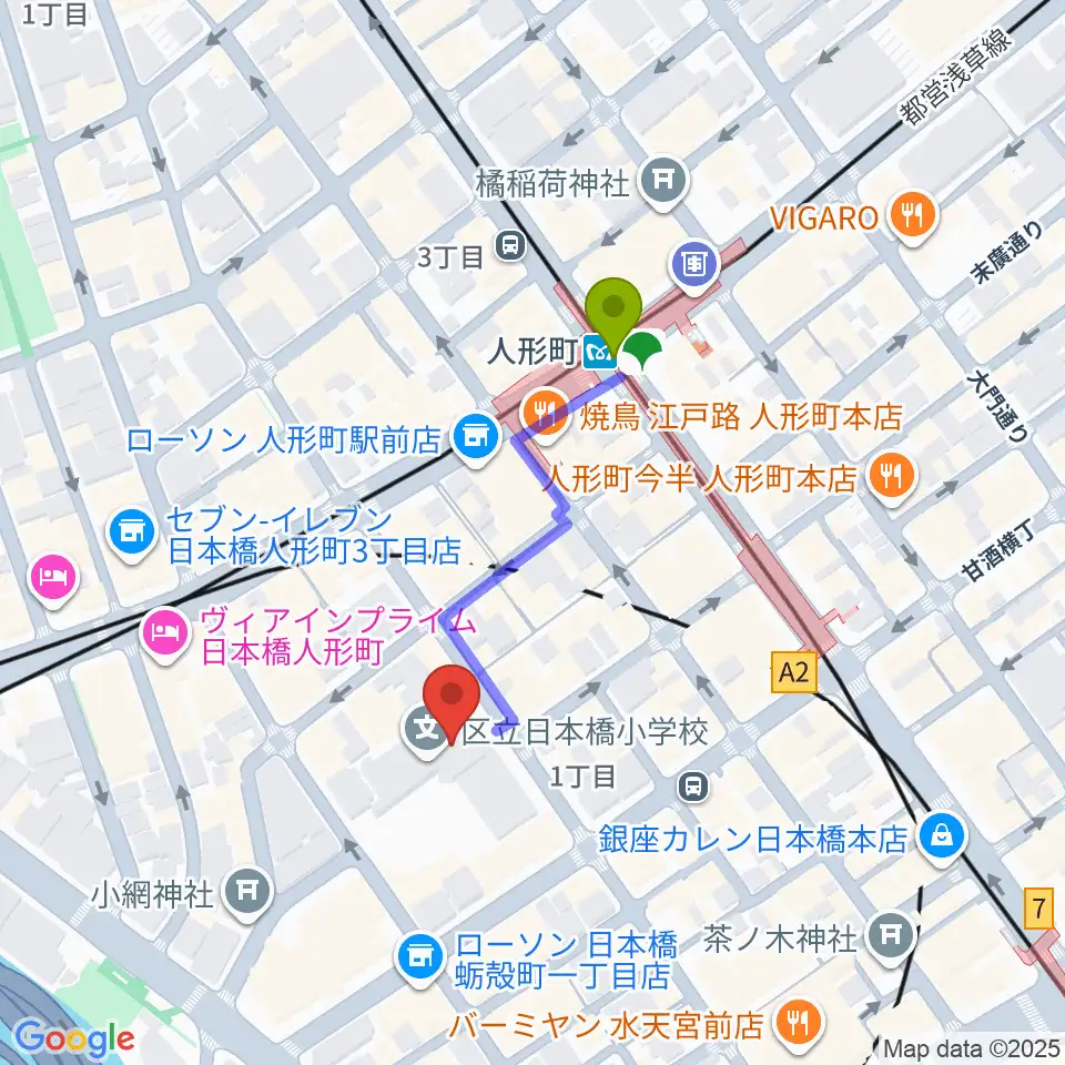 日本橋社会教育会館の最寄駅人形町駅からの徒歩ルート（約3分）地図