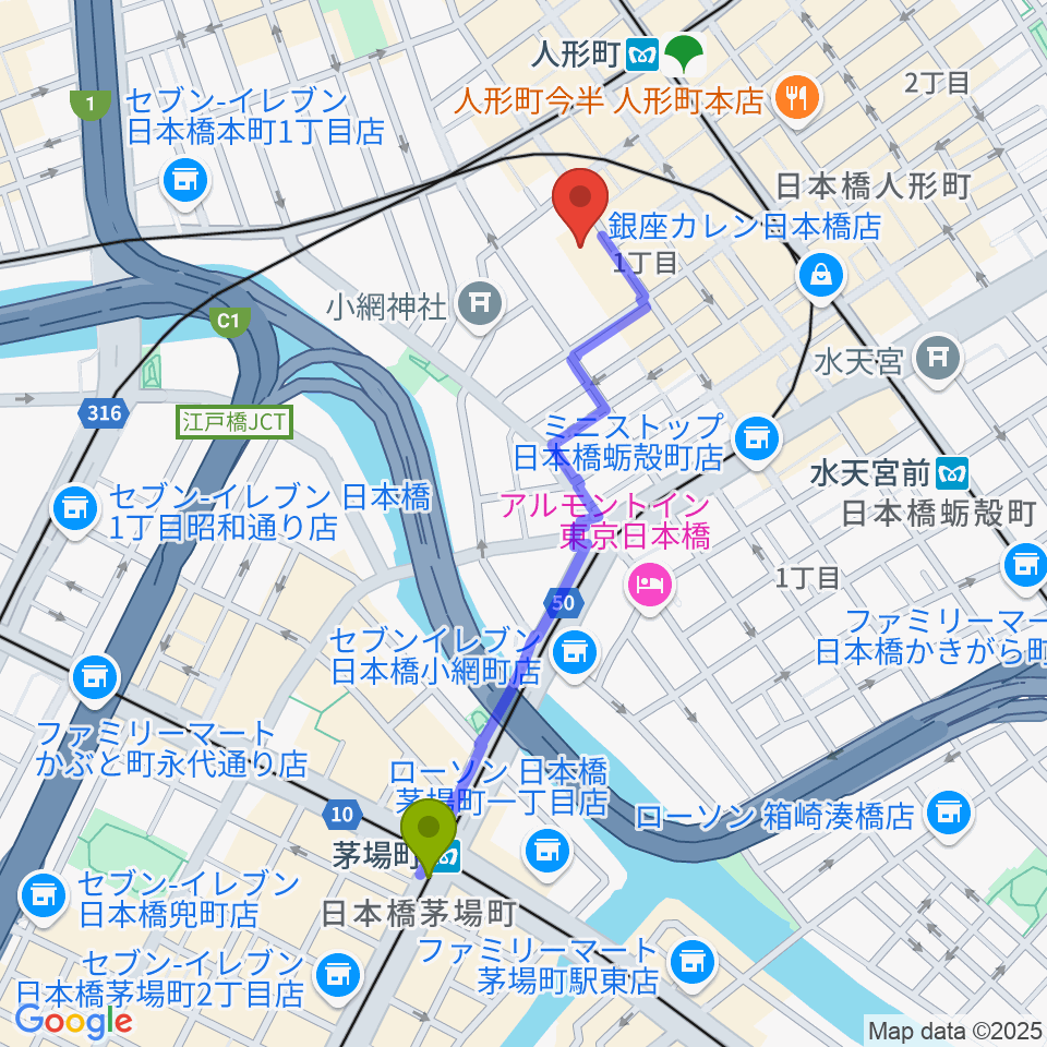 茅場町駅から日本橋社会教育会館へのルートマップ地図