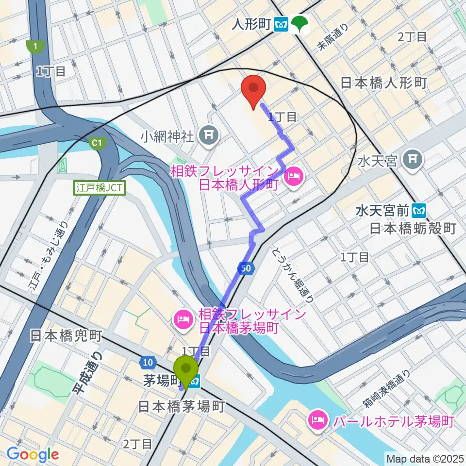 茅場町駅から日本橋社会教育会館へのルートマップ地図