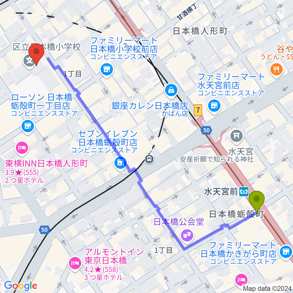 水天宮前駅から日本橋社会教育会館へのルートマップ地図