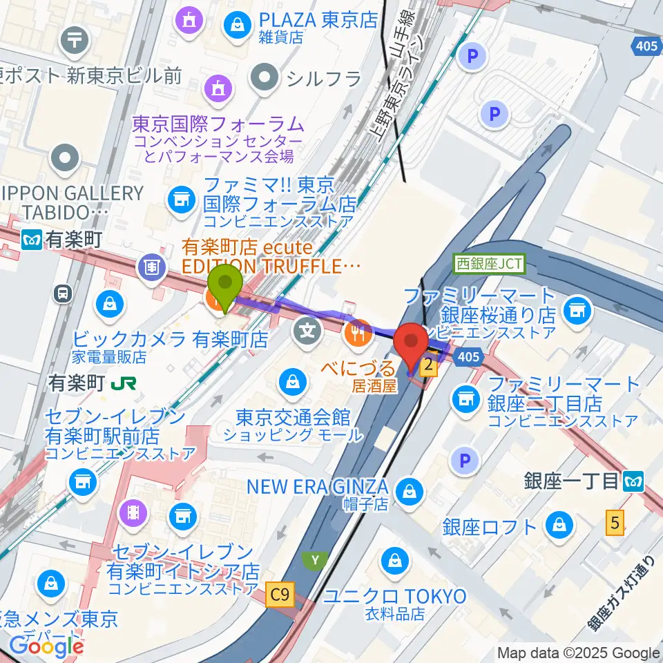 銀座Swingの最寄駅有楽町駅からの徒歩ルート（約2分）地図