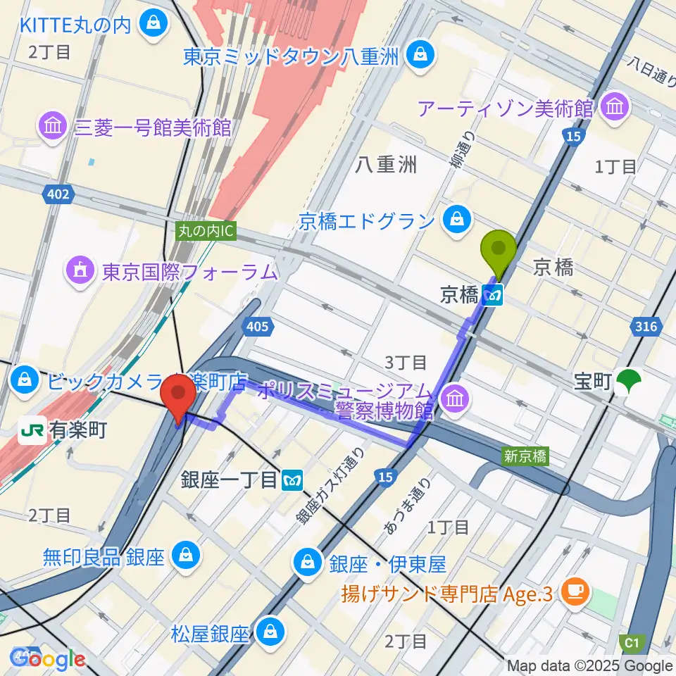 京橋駅から銀座Swingへのルートマップ地図
