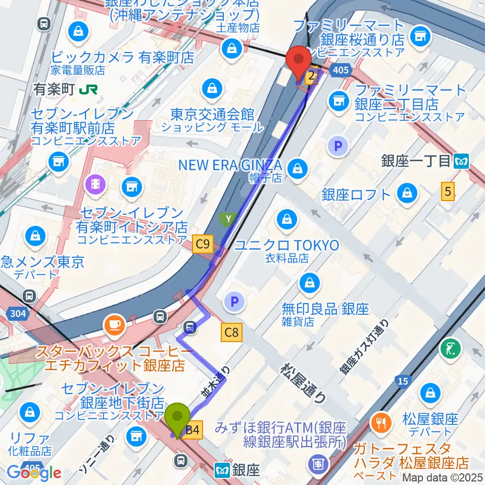 銀座駅から銀座Swingへのルートマップ地図